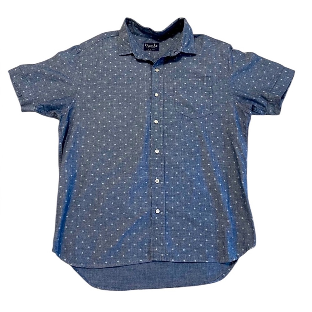 Men’s Chambray Star Print Shirt – Short‎ Sleeve Button-Up by Treats – Size Med